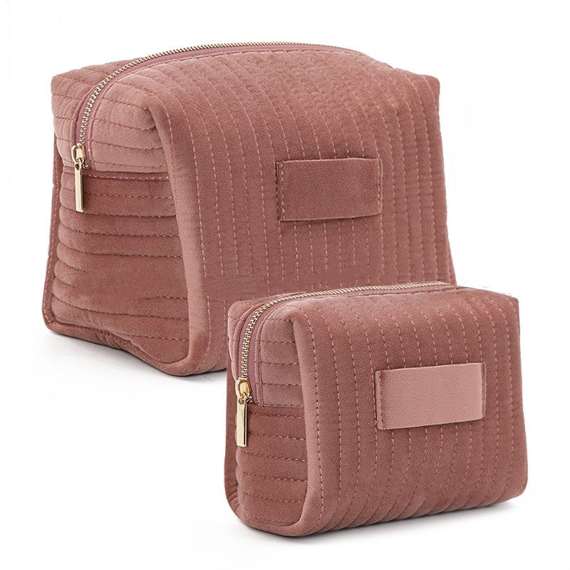Large Capacity Velvet Cosmetic Bag Plaid Multifunctional Wash Bag Skin-friendly Material Skincare Storage Bag